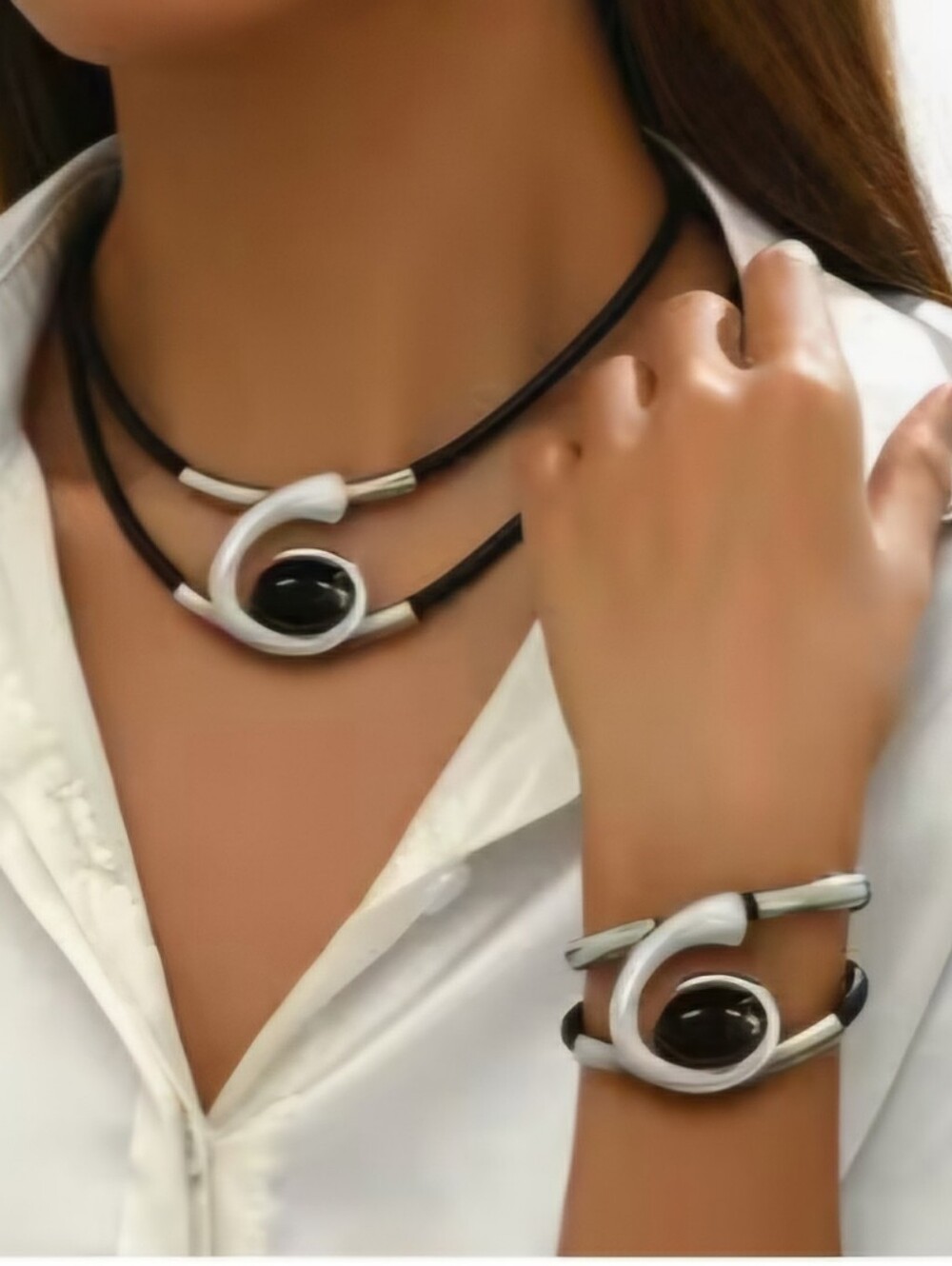JEWELRY SET  BLACK CORD BLACK ONYX CABECHON  CUFF MATCHED SET NECKLACE BRACELET